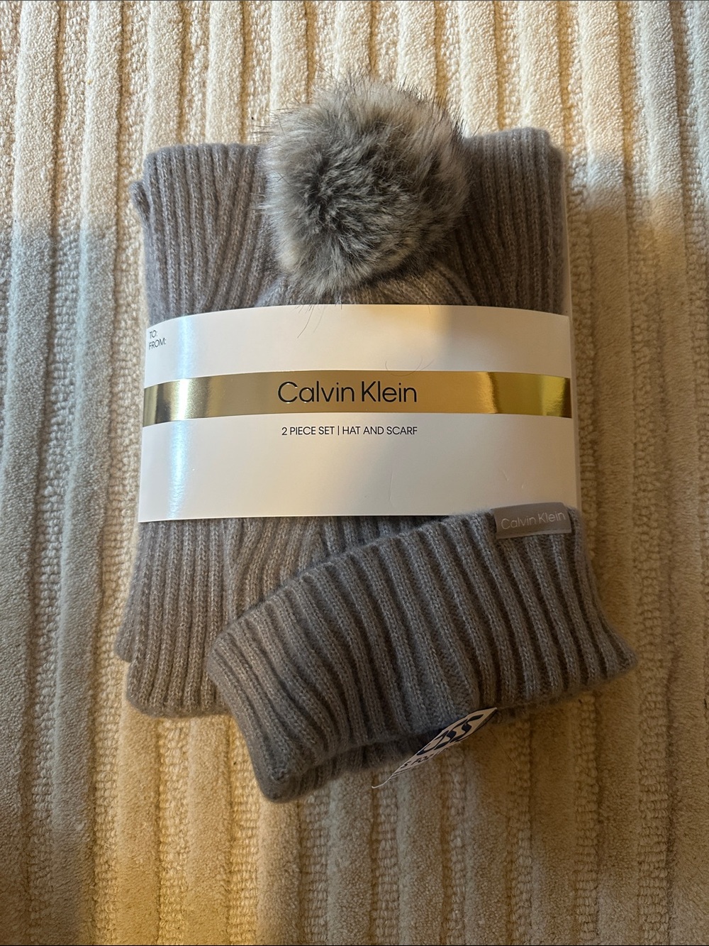 Calvin Klein Ribbed Knit Hat & Scarf Set in Taupe with Faux Fur Pom
